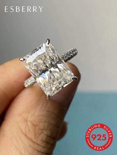 ESBERRY 1pc 4 Carat Square Colorless Luxury Brilliant Moissanite Diamond Engagement Ring, 4-Prong Setting, Suitable For Women, Bridal Wedding Jewelry