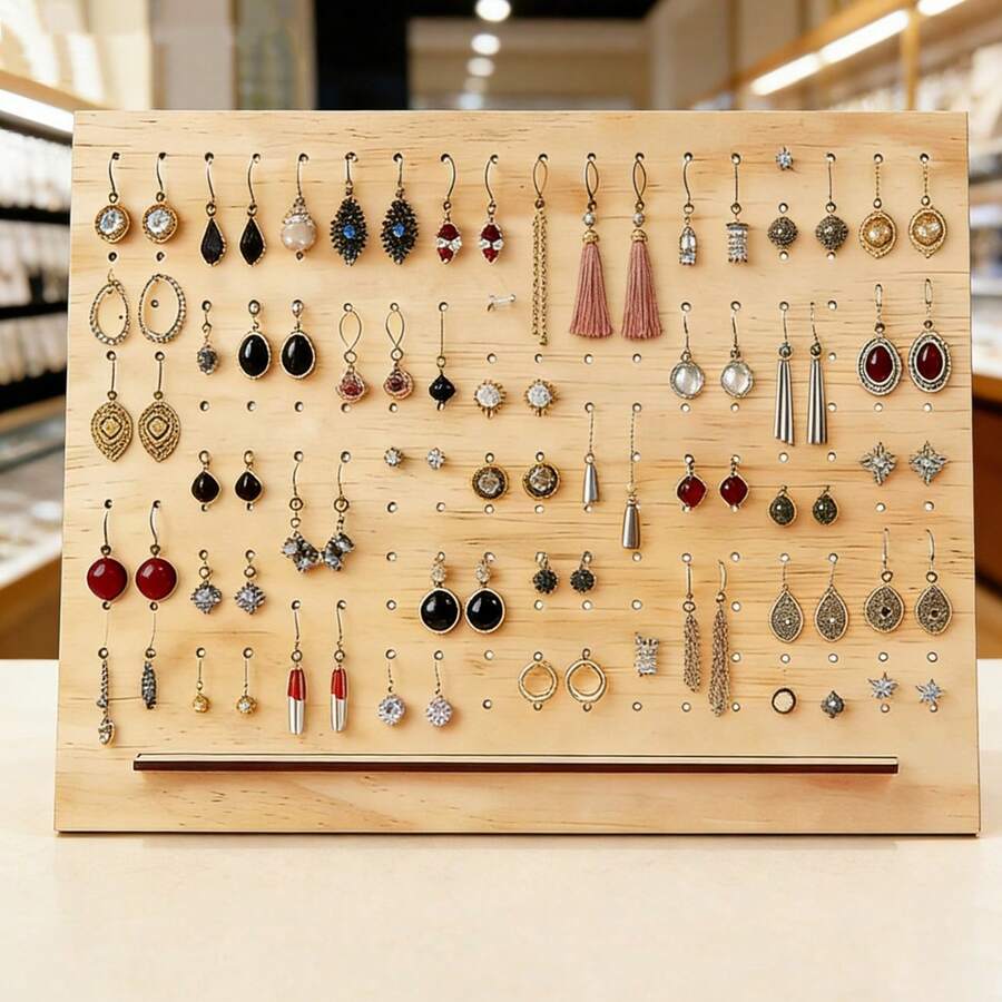 1pc 11X14inch Large Wooden Earring & Jewelry Display Organizer Rack - Multi-Functional Jewelry Storage Holder, Desktop Earring Organizer, Material, Minimalist Design, Sturdy Structure, Suitable For Small Business Owners, Retail Stores, Home And Craft Storage, Wooden Jewelry Display Tower - LLA168-a1 - View 1