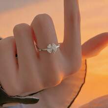 1 chiếc nhẫn bạc S925 cao cấp thiết kế hình lá, đính đá Cubic Zirconia, bản nhẫn có thể điều chỉnh, trang sức thanh lịch và sang trọng để đeo hàng ngày dành cho nữ. - Bạc - Xem 2