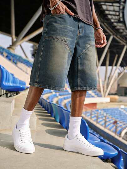 EVRINFINITE Quần short Bermuda denim dáng rộng, thoải mái dành cho nam, kiểu vintage, có túi, thích hợp mặc hàng ngày, dáng rộng, quần jeans oversized.