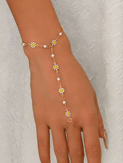 1 chiếc nhẫn đeo ngón tay đính hoa cúc và hạt cườm thời trang, gợi cảm và thanh lịch, phù hợp cho sử dụng hàng ngày, dự tiệc, lễ hội âm nhạc và các dịp khác.