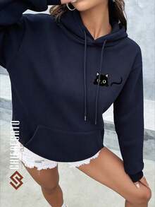 CHIEREGATO OUTLET Women's Sweatshirt, Winter Warmth, Kangaroo Hoodie, Cozy Sweatshirt With Cat Print, Women's Hooded Jacket, Sizes S To XL - 藍色 - 查看 1