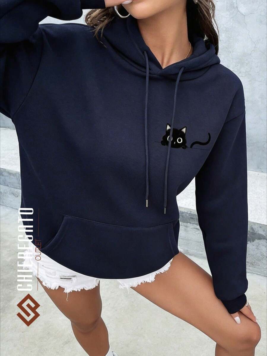 CHIEREGATO OUTLET Women's Sweatshirt, Winter Warmth, Kangaroo Hoodie, Cozy Sweatshirt With Cat Print, Women's Hooded Jacket, Sizes S To XL - 藍色 - 查看 1
