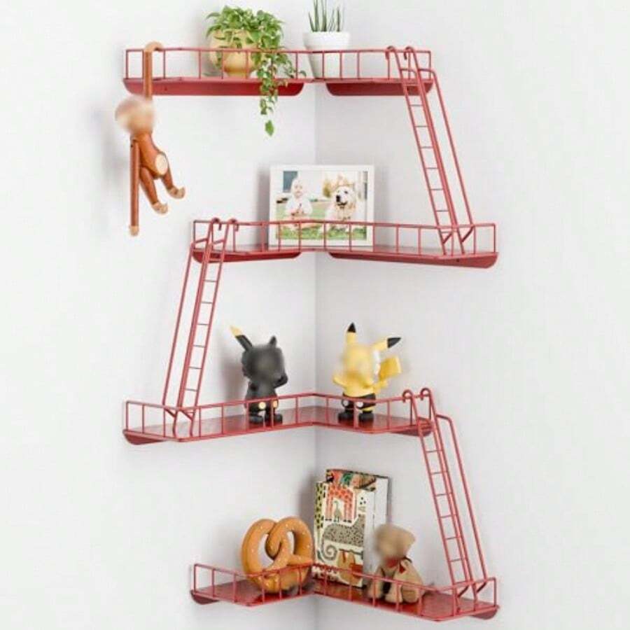 Estantería de Pared Escalera de Incendios - Estanterías de Esquina de Pared Modernas Estilo Ciudad de 4 Niveles Estante de Escalera de Metal Fácil de Instalar para Figuras Estantes - Estante de pared rojo Fire Escape - Ver 1
