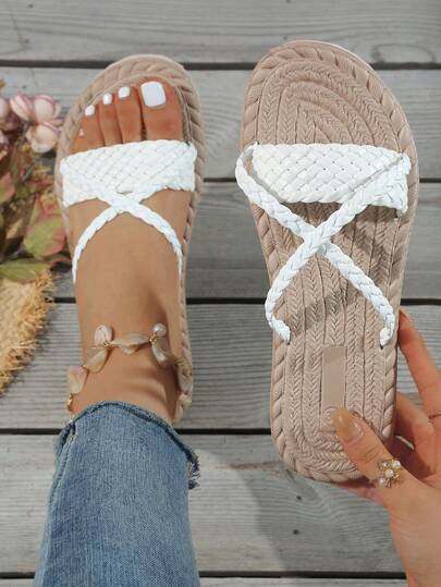 Plus Size Women's Handmade Woven Thick-Sole Non-Slip Slippers/Sandals, Korean Wide Design, Suitable For Daily Wear, Parties And Outdoor Activities, Women's Flat Sandals, Lightweight Summer Slippers, Fashionable & Comfortable Women's Beach Shoes, Indoor/Outdoor Comfortable Women Mules, Casual Fashionable Outdoor Beach Summer Shoes