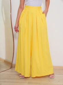Women's Wide Leg High Waist Wide Leg Pants - Yellow - View 4