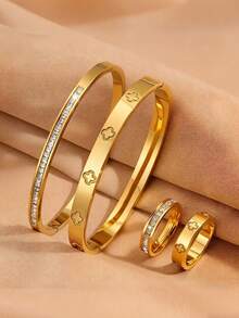 4pcs Stainless Steel Four-Leaf Clover Rhinestone Bracelet & Ring Set, Waterproof & Fade-Resistant, Suitable For Women's Daily Wear, Gift For Holidays - Jewelry Set - View 12