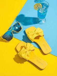 1 Đôi dép xăng đan đế bằng một quai, mũi vuông, chống trượt, đính nơ, chất liệu PVC dành cho nữ, kiểu dáng ngọt ngào, thích hợp cho kỳ nghỉ biển và mặc hàng ngày, trang phục mùa hè. - Màu vàng - Xem 5