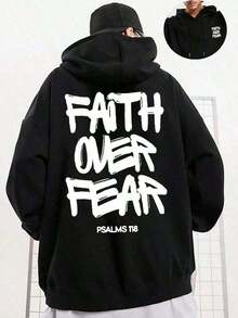 Faith Over Fear, Letter Print Pocket Hoodie, Men's Casual Long-Sleeve Drawstring Style, Autumn & Winter New-Unisex Loose-Fit Hooded Sweatshirt-K88 - màu đen - Xem 8