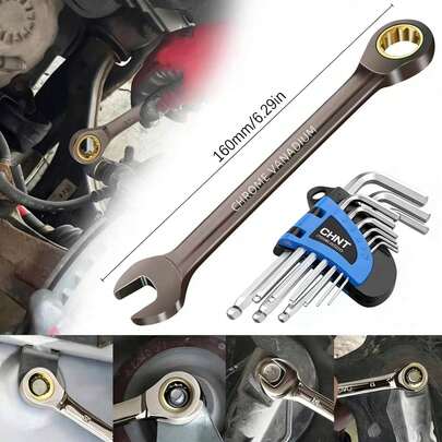 10pcs Black Nickel Ratchet Wrench Set, 72-Tooth Precision Gear Ratchet Wrench, Includes 1 Ratchet Wrench & 9 Hex Wrenches, Essential DIY, Home Improvement, Automotive Repair Tools