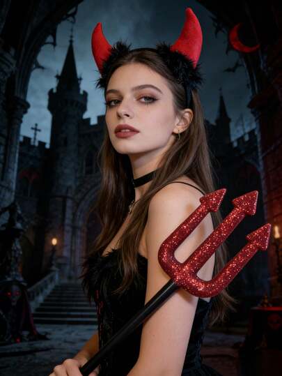 1件/2件装饰性金色粉末迷你红色三叉戟塑料武器，搭配毛绒恶魔角头箍，舞台表演道具，节日服装配饰