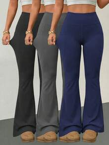 3pcs/Set Plus Size Women's Flared Yoga Pants, Slimming Fashionable Workout Leggings, High Waist Fitted Casual Pants With Pockets Sports Fall - Multicolor - View 1