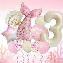 1 Set Mermaid Themed Balloon Set, Includes 32" Ivory Number Balloon, 39.37" Pink & Gold Mermaid Tail Balloon, 26" Pearl White & Pink Shell Balloons, 18" Pink & White Gradient Star Balloons, Suitable For Birthday Gifts, Mermaid Princess Themed Parties, Ocean Themed Events, Dream Theme, Easy To Create A Dreamy And Sweet Underwater Princess Atmosphere - View 6