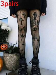 1双女士朋克风交叉网眼过膝长筒袜，哥特式暗黑镂空透视高腰透明连裤袜 - 彩色 - 查看 6