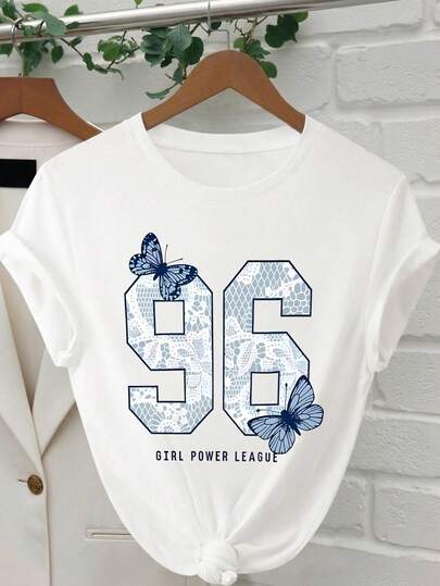 Women's Loose Casual Vacation Round Neck T-Shirt, Butterfly And "96" Lace Print, Summer Daily T-Shirt, Women's Graphic T-Shirt, Summer Short Sleeve T-Shirt, White T-Shirt, Women's Summer Top T-Shirt, Summer Essential, Independence Day