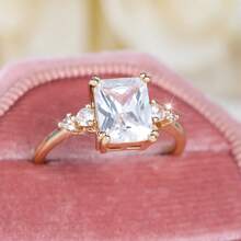 Vanel 1 chiếc nhẫn vuông màu vàng hồng đính đá Cubic Zirconia trắng, nhẫn đá bên tinh tế thời trang, phù hợp cho phụ nữ đeo hàng ngày và trang sức dự tiệc - vàng trắng - Xem 4