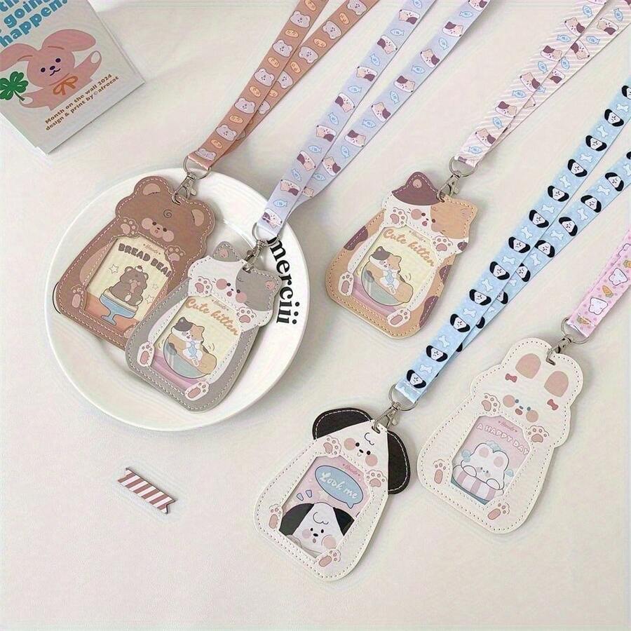 1 pieza Soporte para tarjetas con forma de gato o perro de dibujos animados, estuche para tarjetas con forma de animal lindo con correa para el cuello, soporte para tarjeta de identificación de autobús/metro para estudiantes - Tarjetero tipo banda para el cuello - Ver 1