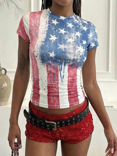 This Casual, Stylish, Sporty, American-Style, Fitted, Slim-Fitting, Round Neck, Sexy, Flag-Print, Artistic Short-Sleeved T-Shirt Is Suitable For Travel, Outings, Parties, Shopping, Street Photography, Sports, Dancing, Fitness, And Everyday Wear.