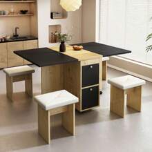 Dining Table Set (With Dining Table, 4 Chairs), Folding Dining Table, 120*80*75cm, Extendable Dining Table, Multifunctional Extendable Dining Table, Dining Chairs, White + Oak + Black - Black - View 4