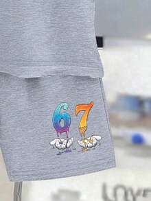 2pcs/Set Young Boy Numeric Print Round Neck Short Sleeve T-Shirt And Shorts Casual Outfit - Grey - View 6