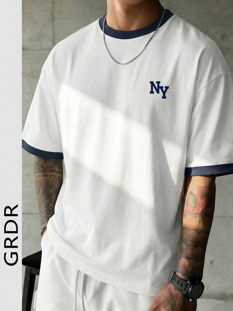 GRDR 新款极简印花T恤 - 复古撞色领短袖,舒适透气,夏季必备 - 白色 - View 1