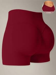 VVX 女款交叉腰瑜伽短褲，高腰收腹健身運動短褲，無縫純色戶外女式運動服 紅色 - 紅色 - 查看 5