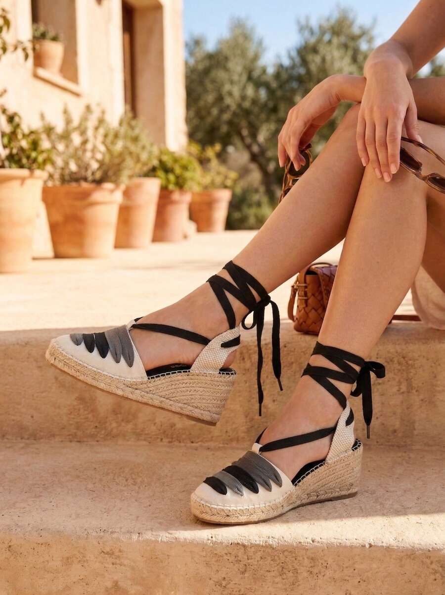 Espadrillas da donna con zeppa in juta, sandali con lacci alla caviglia e punta chiusa, calzature bohémien per le vacanze. Fibbia annodata stile bohémien per le vacanze. - nero - Visualizzare 1