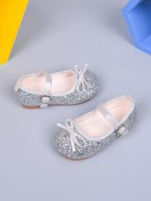 1 par de zapatos de princesa con lazo brillante y cierre de gancho y bucle para niñas, adecuados para fiestas, banquetes y todas las estaciones - Plateado - Ver 4
