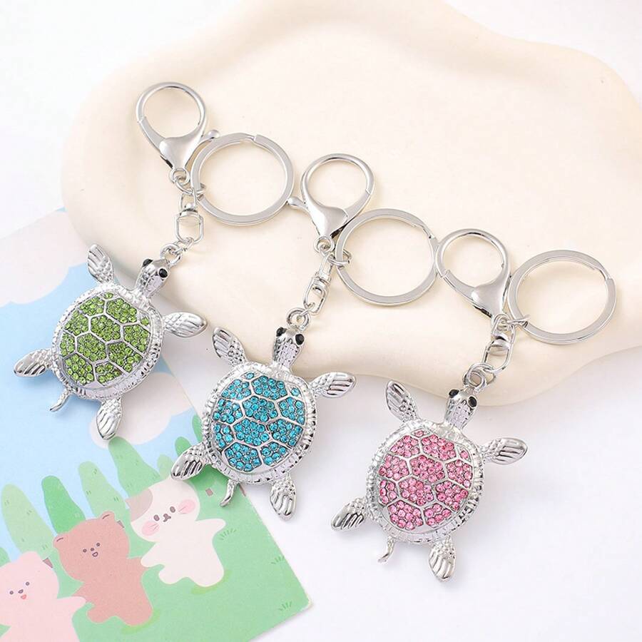 Single-Piece Diamond-Studded Sea Turtle Keychain In Pink, Blue, And Green, Stylish Turtle Keyring For Backpack Decoration - Xanh lá nhạt - Xem 1