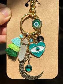 1 pieza Llavero con colgante en forma de ojo del diablo y luna de cristal verde natural y de strass verde, accesorio para mochila, llavero de coche, pequeño regalo de uso diario - Verde - Ver 6