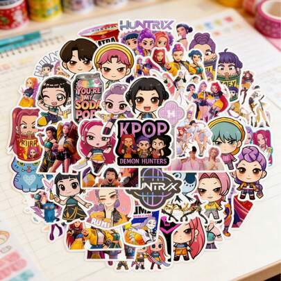 Hasbro Bộ sticker trang trí theo chủ đề KPop Hunters (K-POP: Hunters) - Thiết kế các thành viên nhóm nhạc nữ (Lumi/Mira/Zoe) với họa tiết sống động về buổi hòa nhạc và cảnh săn quỷ. Sticker tự dính, chống thấm nước, độ phân giải cao, có thể tái sử dụng. Hàng hóa sưu tầm dành cho người hâm mộ K-POP, dùng để trang trí sổ tay, làm đồ thủ công DIY, scrapbooking, gói quà, phụ kiện văn phòng phẩm, trang trí laptop, điện thoại, bình nước, hành lý. Bộ sticker trang trí theo chủ đề K-POP phong cách, giá trị tuyệt vời.