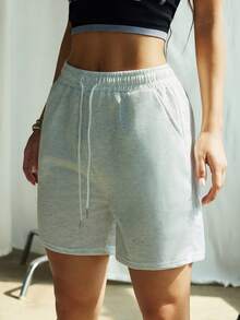 1 Pair Of Solid Color Casual Shorts, Running Shorts With Drawstring And Elastic Waistband, Suitable For Sports, Women's Summer Sports Shorts. White - White - View 2