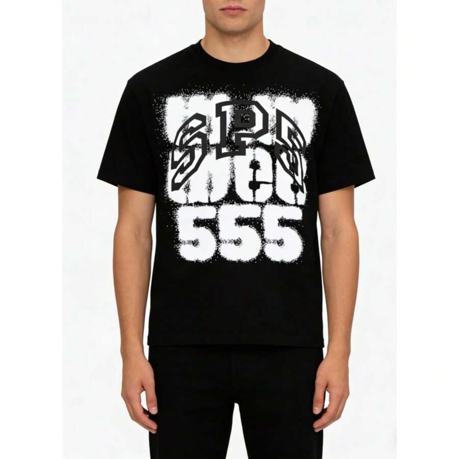 Sp5der Unisex Graphic Letter Tee , Summer Tops, Classic SP5 Logo, 555 Letter Print With Street Wear - màu đen - Xem 1