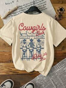 Plus Size Women Western Denim Letter Print Crew Neck T-Shirt, Versatile Casual Summer Top For Street & Daily Wear - Khaki - View 2