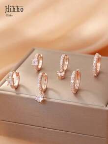 Hihho 6pcs Fashion Elegant Zirconia Inlaid Square & Circle Geometric Charm Earrings Set, Includes Round Sparkling Zirconia Pendant Earrings, Rose Gold Plated, Gift For Ladies - 玫瑰金 - 查看 5