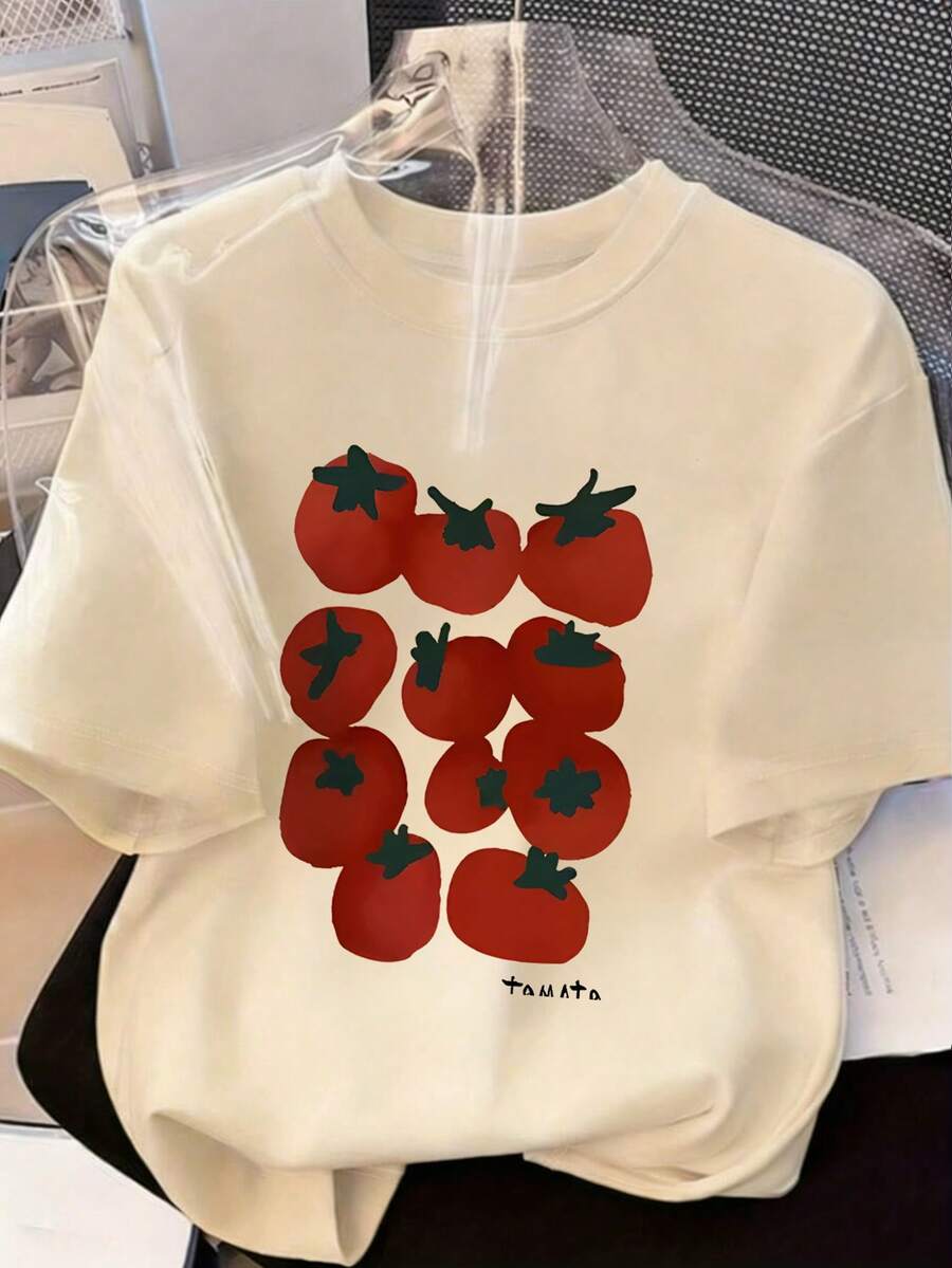 Summer New Women's "Tomato" Letter, Vegetable & Fruit Tomato Cherry Print Casual Loose Versatile Round Neck Beige Short Sleeve T-Shirt, Fashionable For Daily Wear - Apricot - View 1