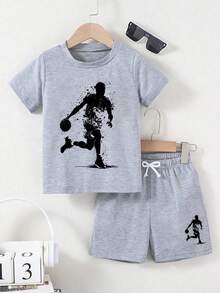 Conjunto casual diario de camiseta de manga corta con cuello redondo y estampado de sombras, y pantalones cortos para bebé niño - Gris - Ver 2