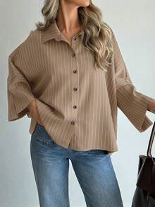 Camisa casual y elegante de manga de murciélago a rayas holgada, color café, adecuada para uso diario, salidas y vacaciones, primavera/verano - Café integral 2 - Ver 6