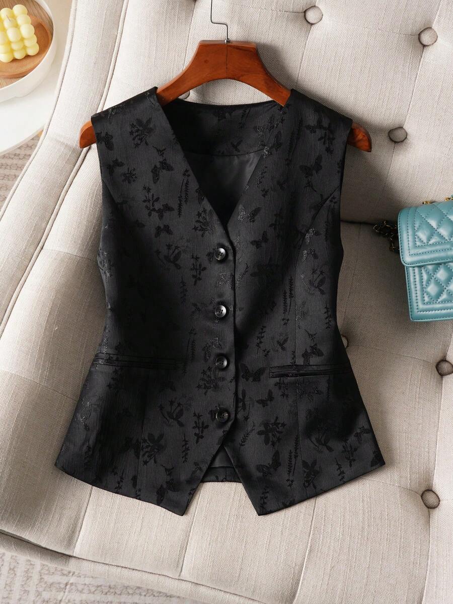 1 chiếc áo vest không tay cổ chữ V họa tiết hoa thanh lịch dành cho nữ, áo hai dây ngắn tay bằng polyester cài cúc đơn có túi giả, màu đen, thích hợp cho mùa xuân/thu hè. - màu đen - Xem 1