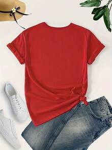 Women's Round Neck Casual Fashion T-Shirt Top Graphic Tees Fashionable Women's Sport Series With Broken Daisy Pattern Letter Print Casual Round Neck Short Sleeve T-Shirt Cotton Print Sporty Spring Summer Clothing - Đỏ - Xem 2