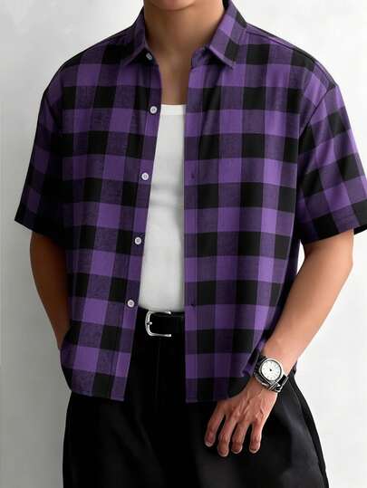WAIT HIM Camisa casual de manga corta con estampado de cuadros para hombres