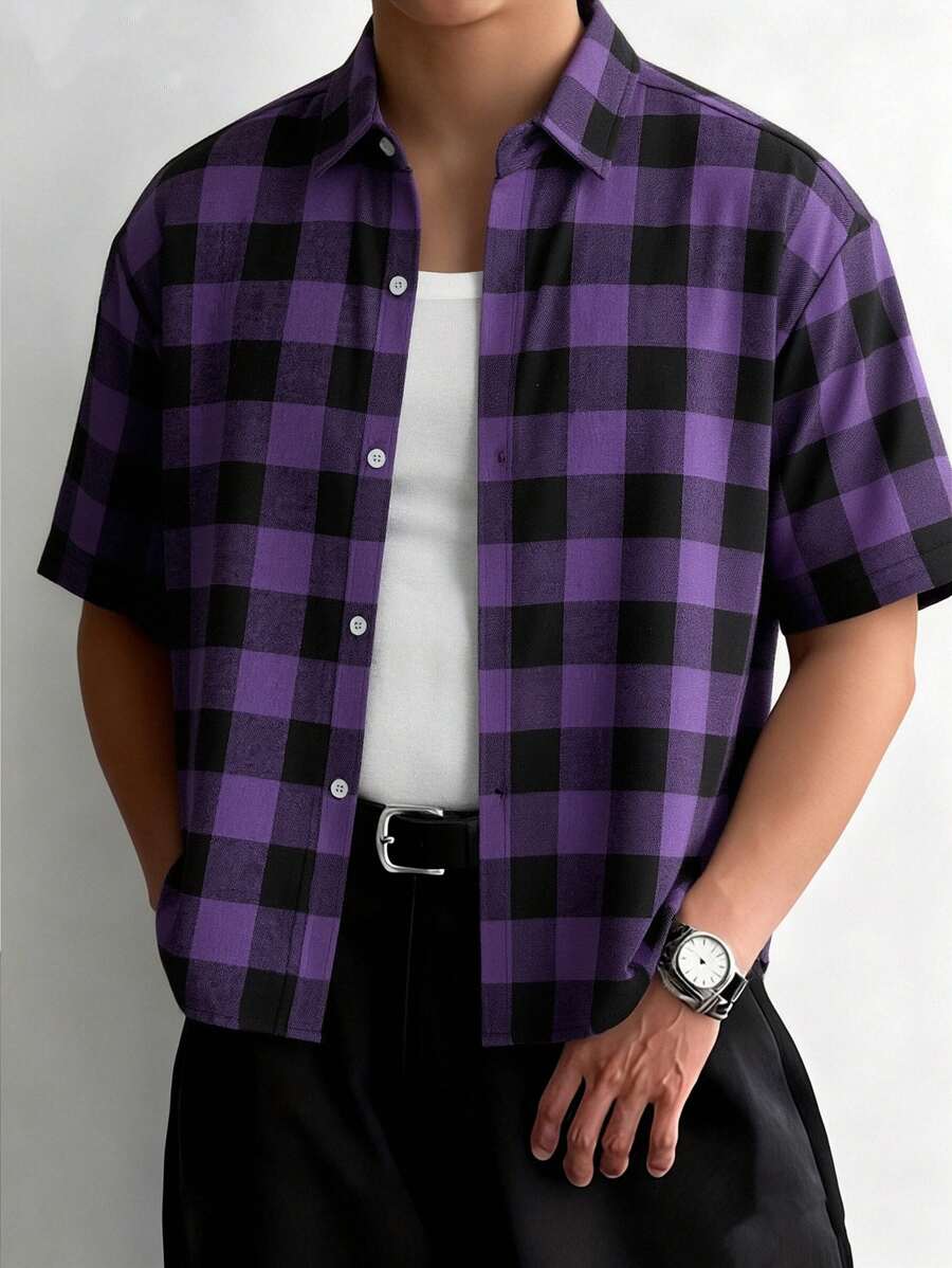 Camisa casual de manga corta con estampado de cuadros para hombres
