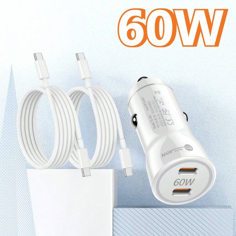 Fast Charging Mobile Phone Car Charger 60W PD 3.0 Fast Car Charger 2 USB-C Ports With 1m/2m Charging Cable Compatible With IPhone Series And Other Mobile Devices Type-C PD Fast Charging Car Adapter Battery Not Included Memorial Day Summer Kickoff - White + 1M/2M Data Cable - View 1