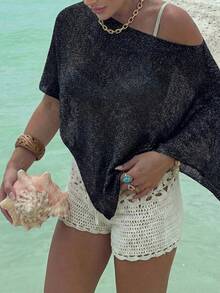 FOR BEAUTY Summer New Women's Solid Color Ribbed Light Apricot Knit Cardigan, Asymmetric Hem Design, Fine Shiny Texture Knit, Lightweight & Breathable, Slightly Loose Fit Suitable For Various Body Types, Vacation & Beach Casual Style Top - 黑色 - 查看 3