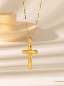 1pc Minimalist Fashionable Gold Cross Pendant Necklace, Stainless Steel Material, Unisex Casual Street Style - Gold - View 11
