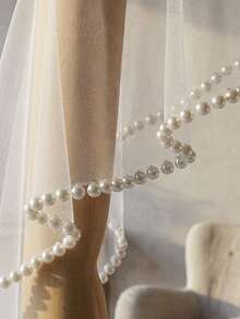 1 Layer Pearl Edged Bridal Veil Without Comb, Handmade Beaded Wedding Face Veil - Multicolor - View 2