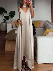 Elegant and Stylish V-Neck Dress for Women: Satin-Finish Flowing Lace Maxi Dress-Perfect for Vacations and Everyday Wear-Summer Clothing - Blanco marfil - Ver 6