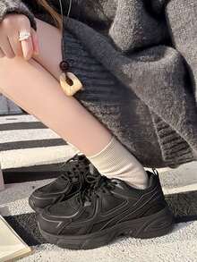 新款休闲运动鞋，学院风厚底运动鞋，男女通用圆头系带网布皮革拼接透气多功能印花涂鸦学院风户外徒步休闲通勤鞋，尺码偏小一码 - 黑色 - 查看 5