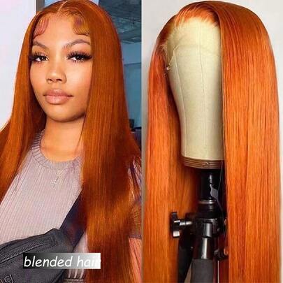 Pixie Cut Wig Human Blended Hair 13x4 Lace Front Wigs 8 -36Inch Short Pixie Cut Glueless Human Blended Hair Wigs Pre Plucked Short Straight Bob Wigs For Women 180% Density Natural Hairline Ginger Orange 350
