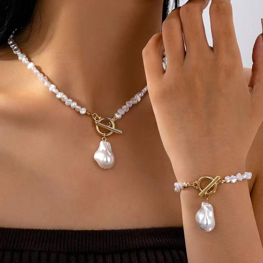 Women's Turquoise Chip & Faux Baroque Pearl Jewelry Set, Includes 2pcs Simple Alloy Fashion Accessories - Necklace And Bracelet Set, Suitable For Daily Wear - White - View 1